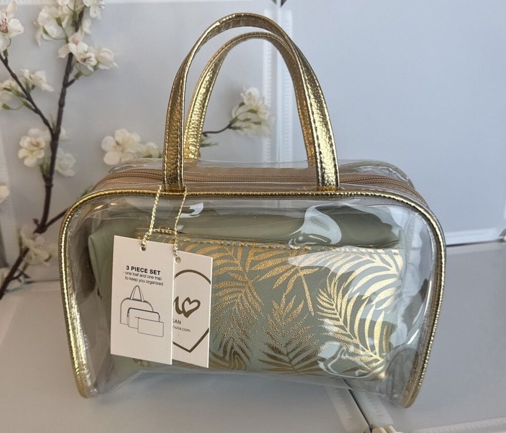 Imoshion 3 Bag Beauty Makeup Bag Set Vegan Transparent Gold Cosmetic Case NIB